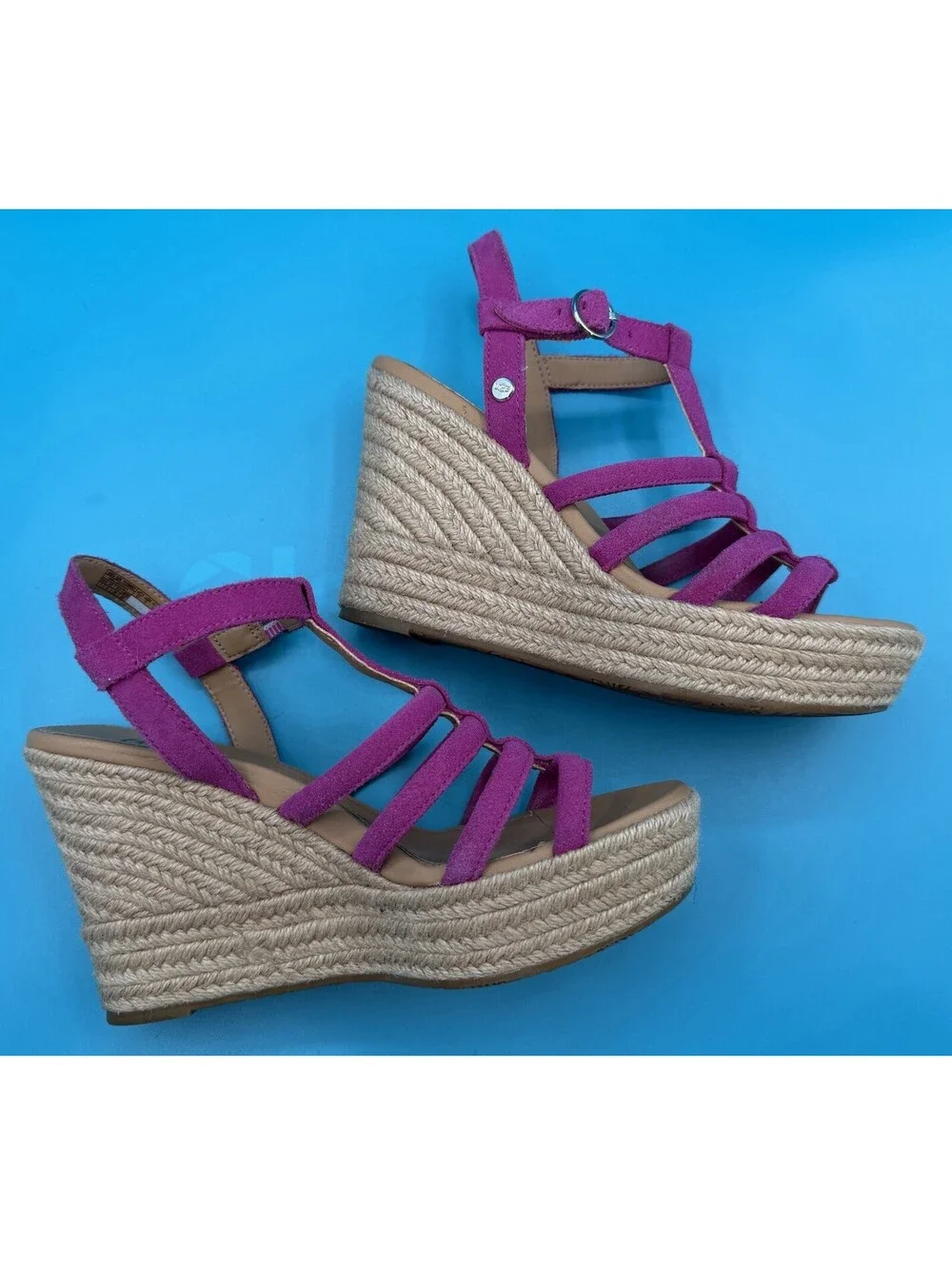UGG Cressida Vibrant Purple Suede Strappy Sandals Jute Wrapped Wedge Heel Size 7